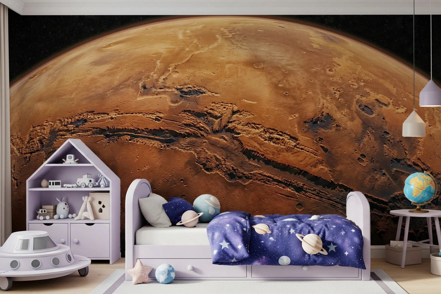 Shared kids room finished with Martian Vista Wall Mural and a playful galaxy theme, GD8560