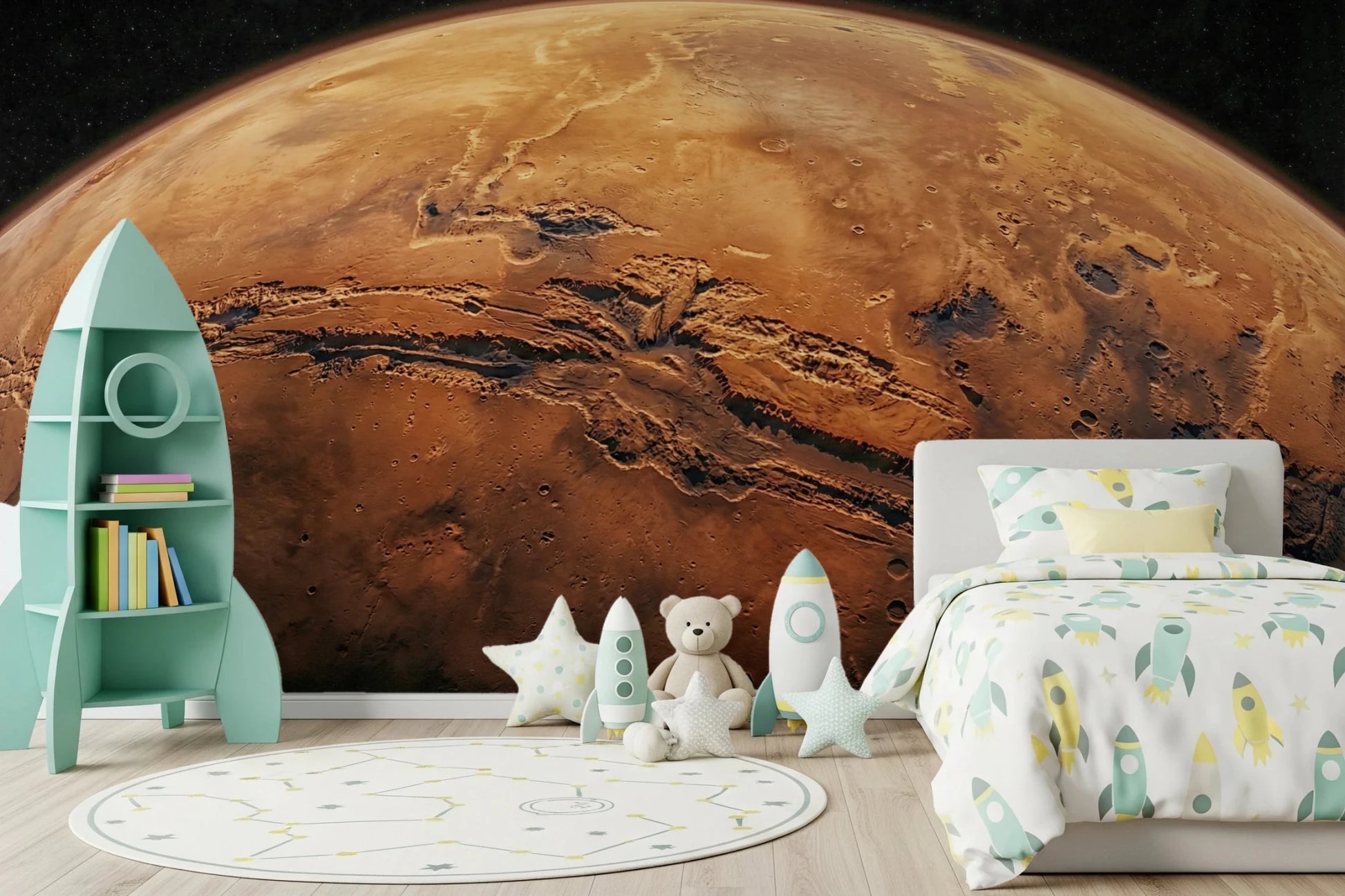 Playroom featuring Martian Vista Wall Mural behind a cozy space-inspired bed, GD8560