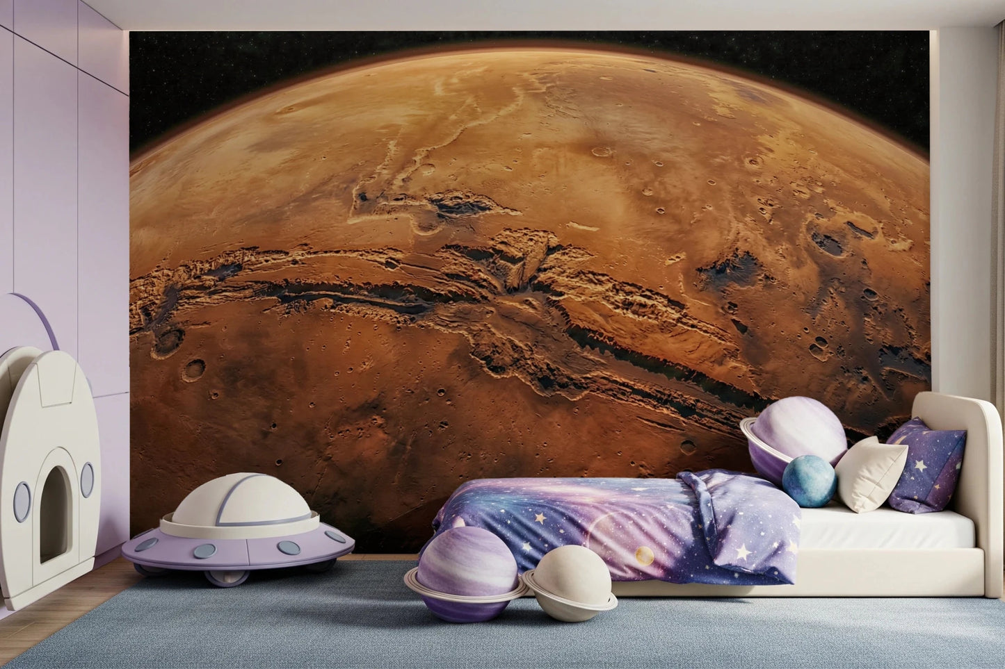 Kids sleeping area softened by Martian Vista Wall Mural with stars and plush toys, GD8560