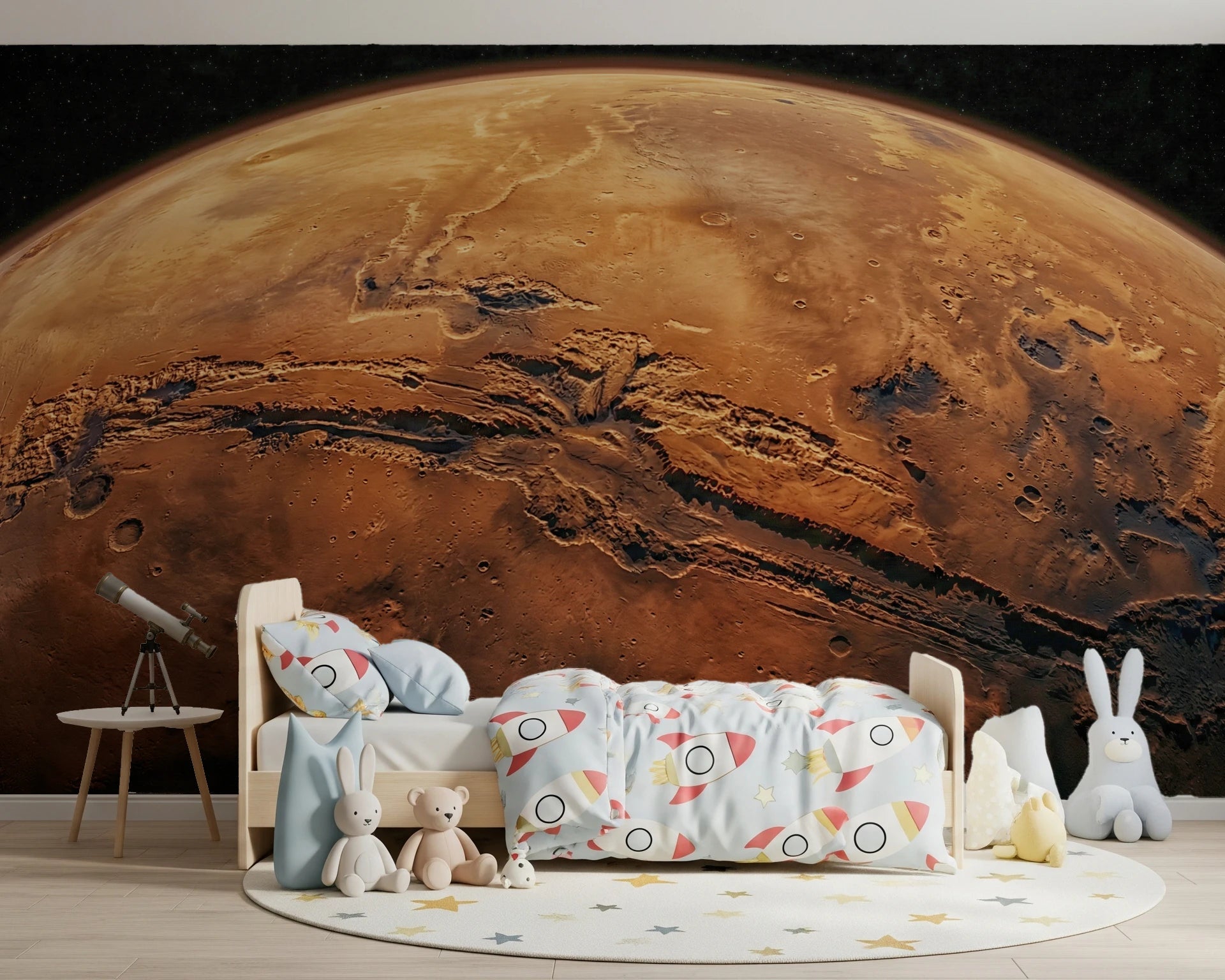 Toddler room paired with Martian Vista Wall Mural and planet-themed bedding, GD8560