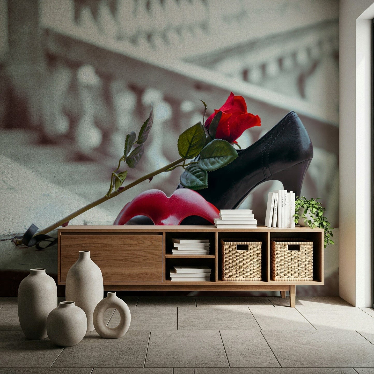 Masquerade Romance Wall Mural styled in a modern dining area wallpaper.