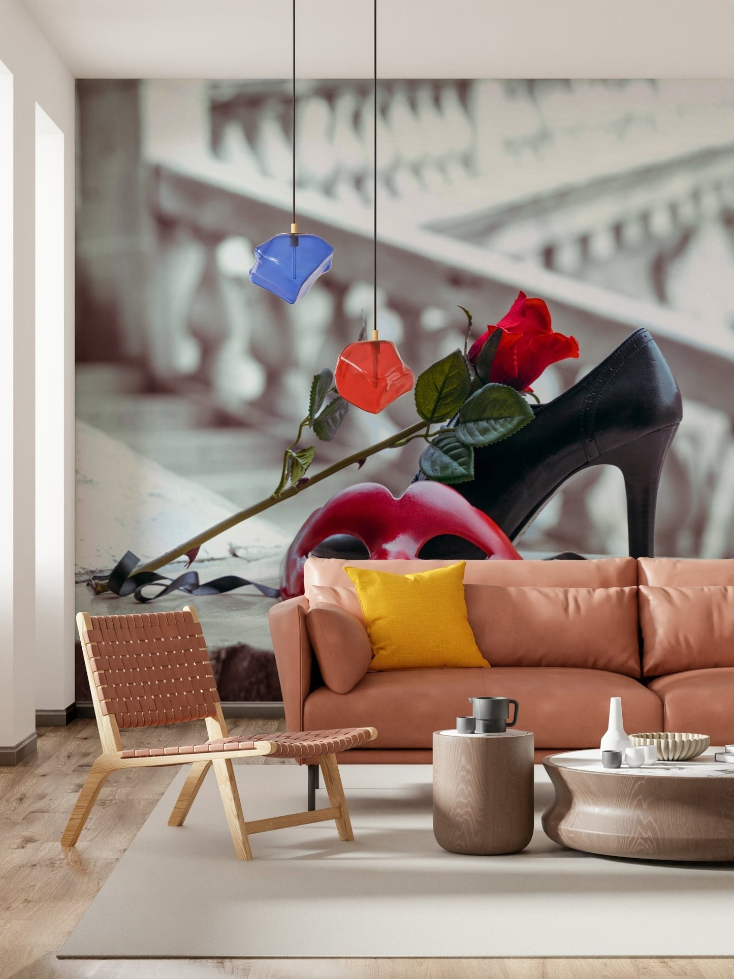 Masquerade Romance Wall Mural in a minimalist living room wallpaper.