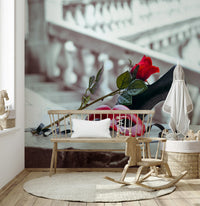 Textured look wallpaper for a chic master suite renovation.