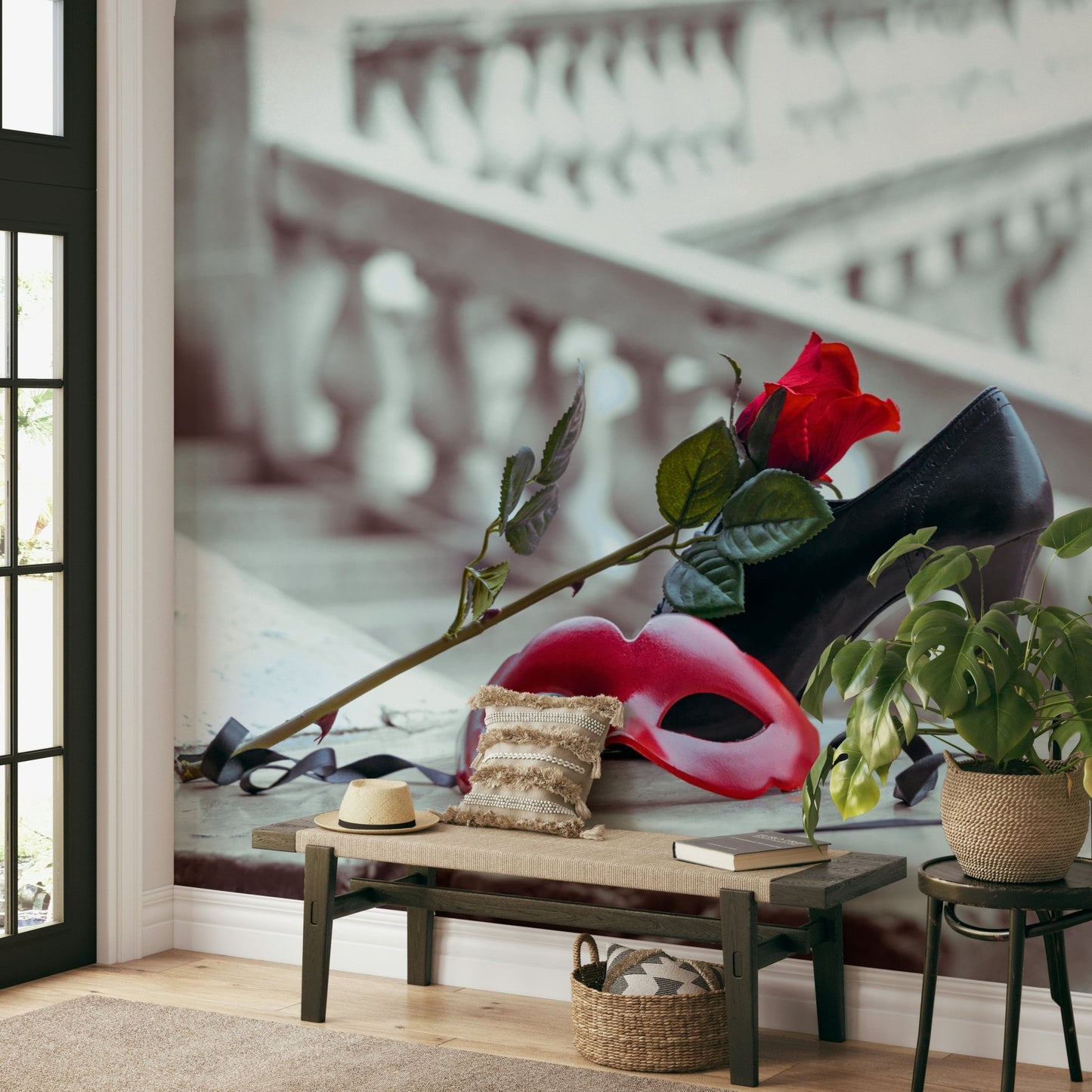 Intricate masquerade romance wallpaper for a boutique lounge setting.