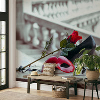 Intricate masquerade romance wallpaper for a boutique lounge setting.