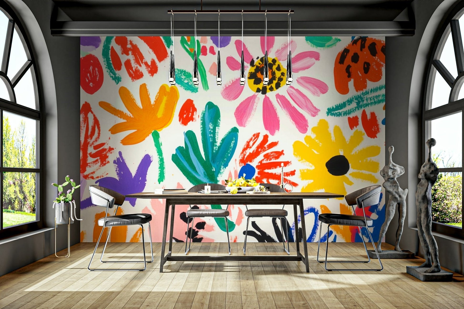 Playful floral wall mural in bold and cheerful colors

