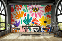 Playful floral wall mural in bold and cheerful colors


