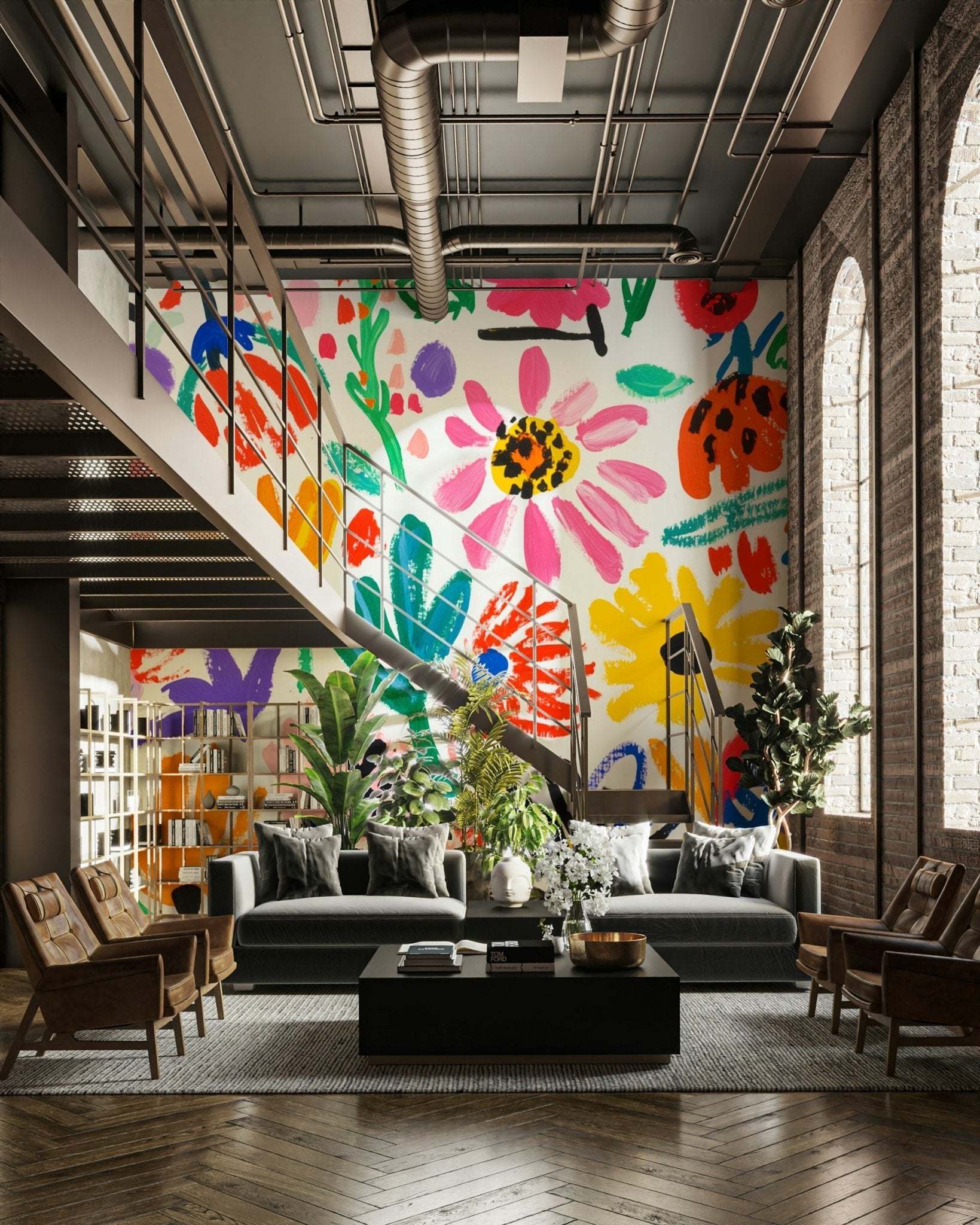 Creative studio wall featuring Matisse flower mural

