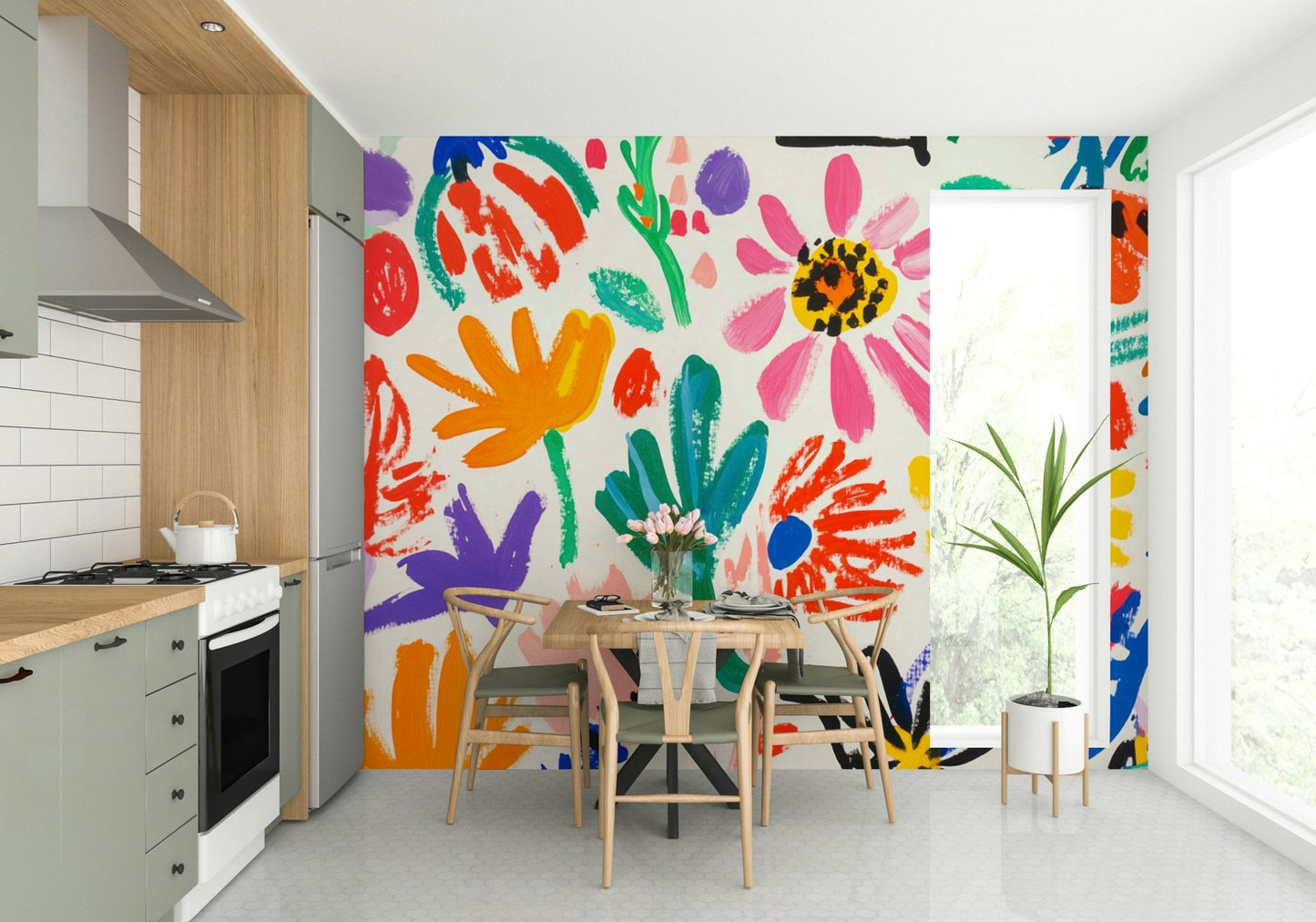 Nursery decorated with colorful garden-inspired mural

