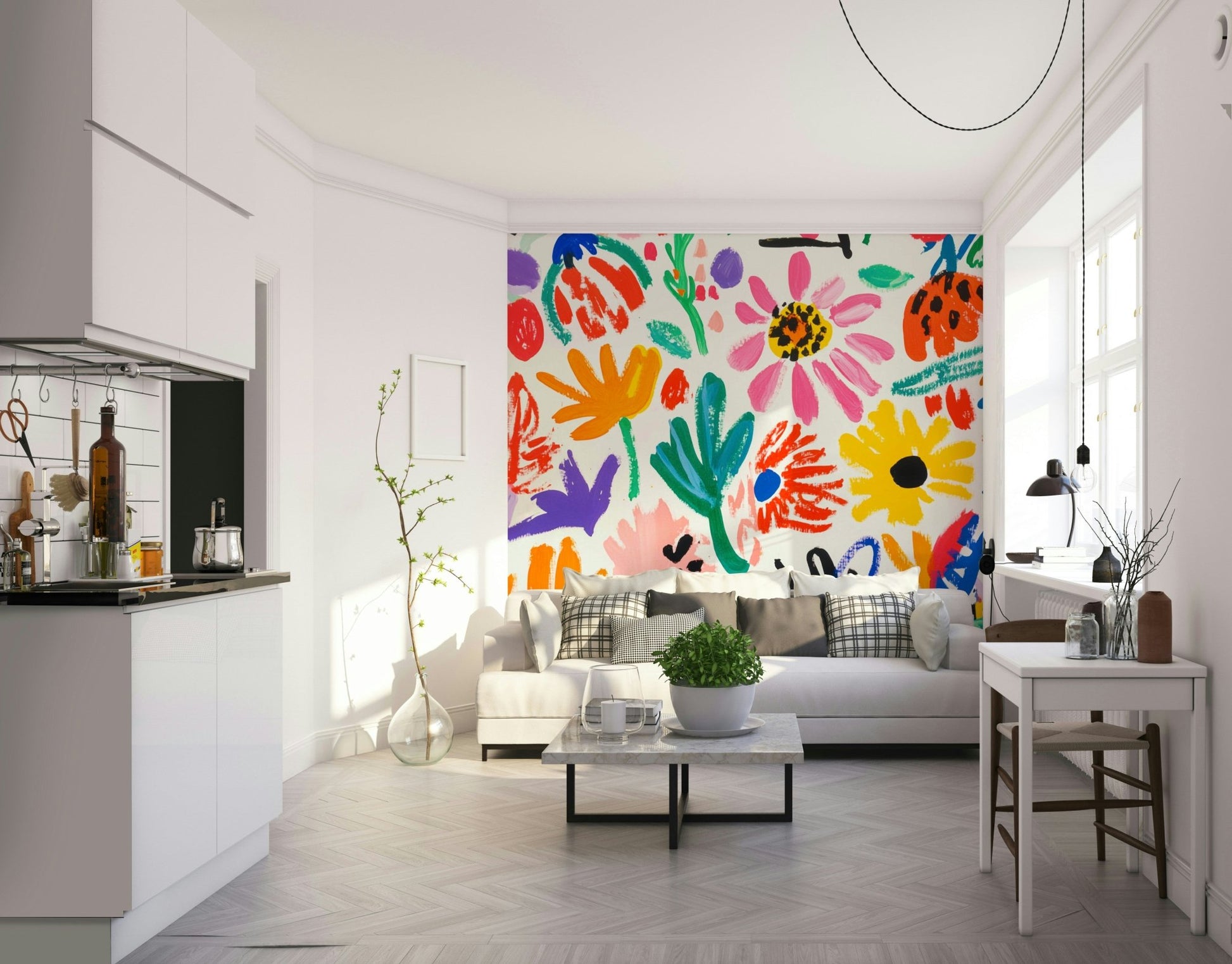 Kids’ room mural with whimsical modern flower art

