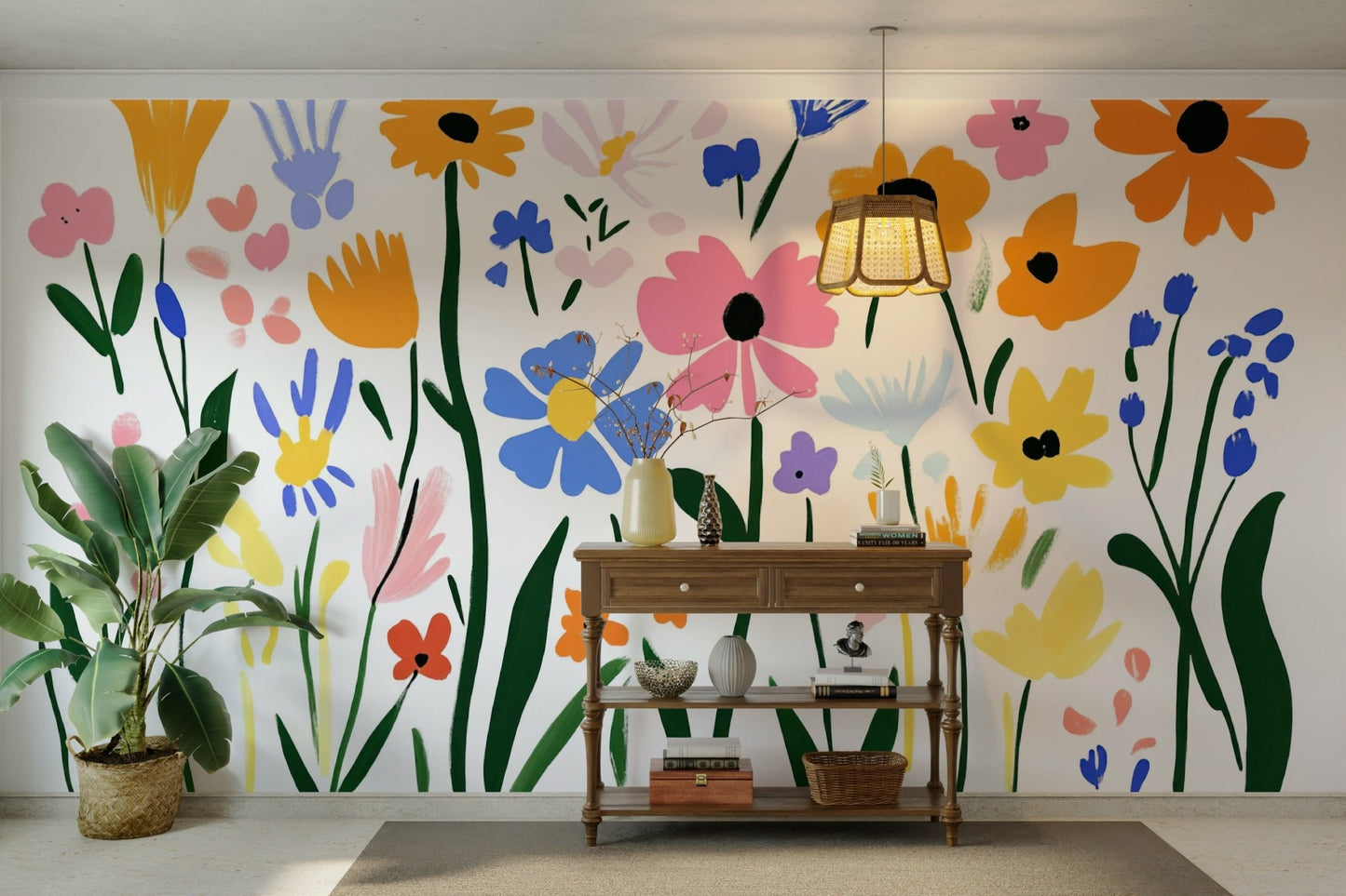 Close-up of cut-out floral forms in bright mural colors, GD2135
