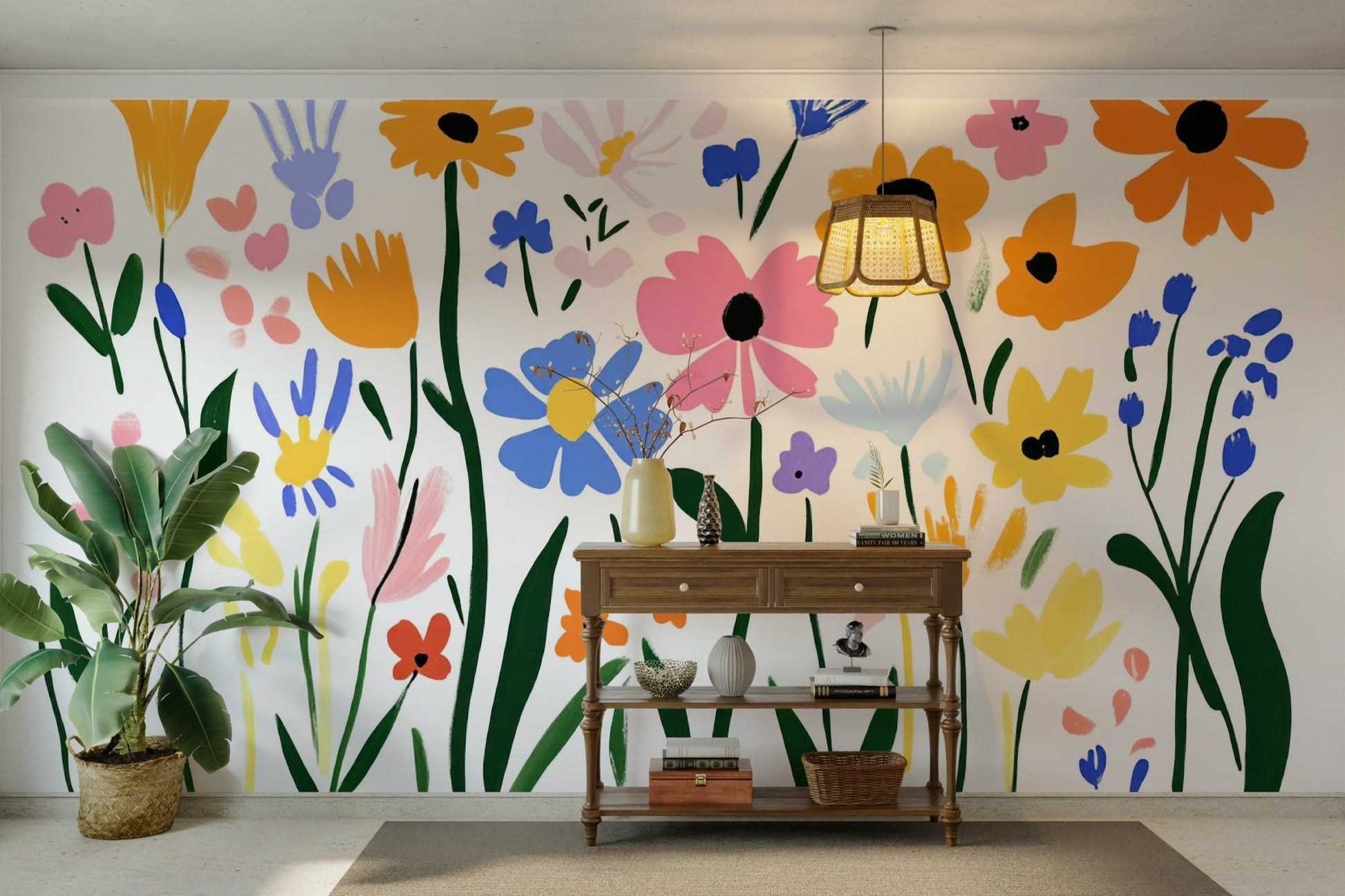 Close-up of cut-out floral forms in bright mural colors, GD2135
