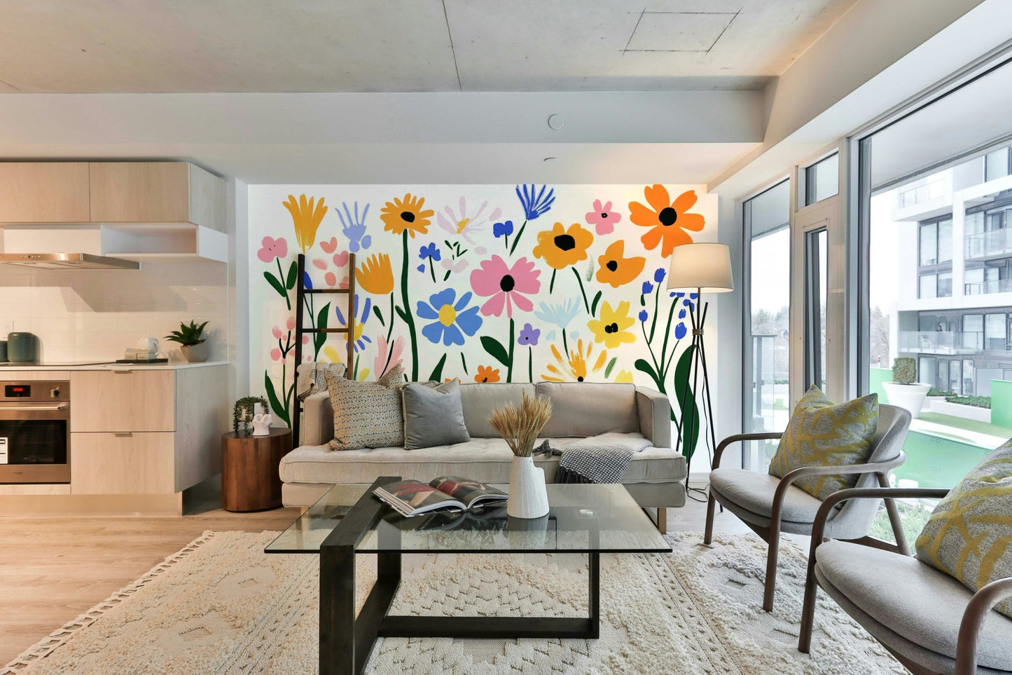 Cobalt, red, and yellow cut-out flowers on wall mural, GD2135
