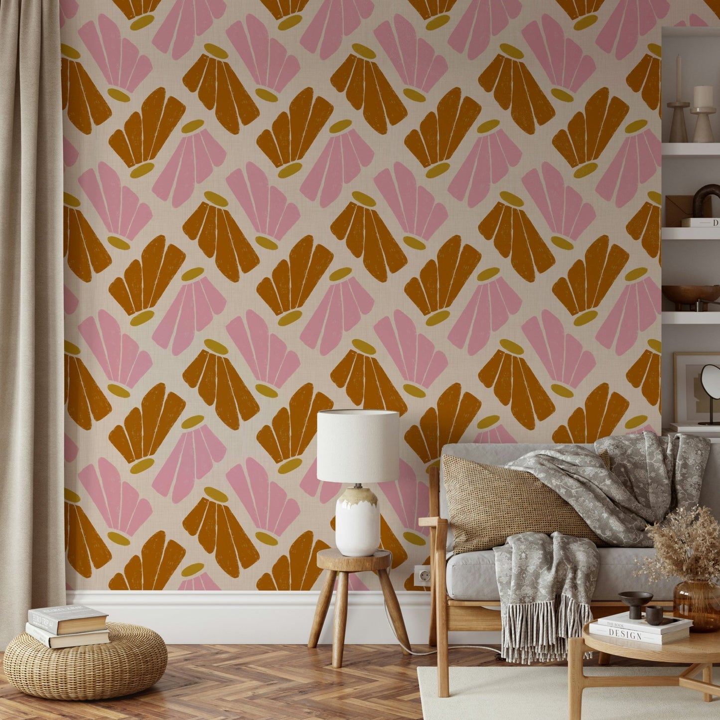 Pink orange beige floral art wallpaper design

