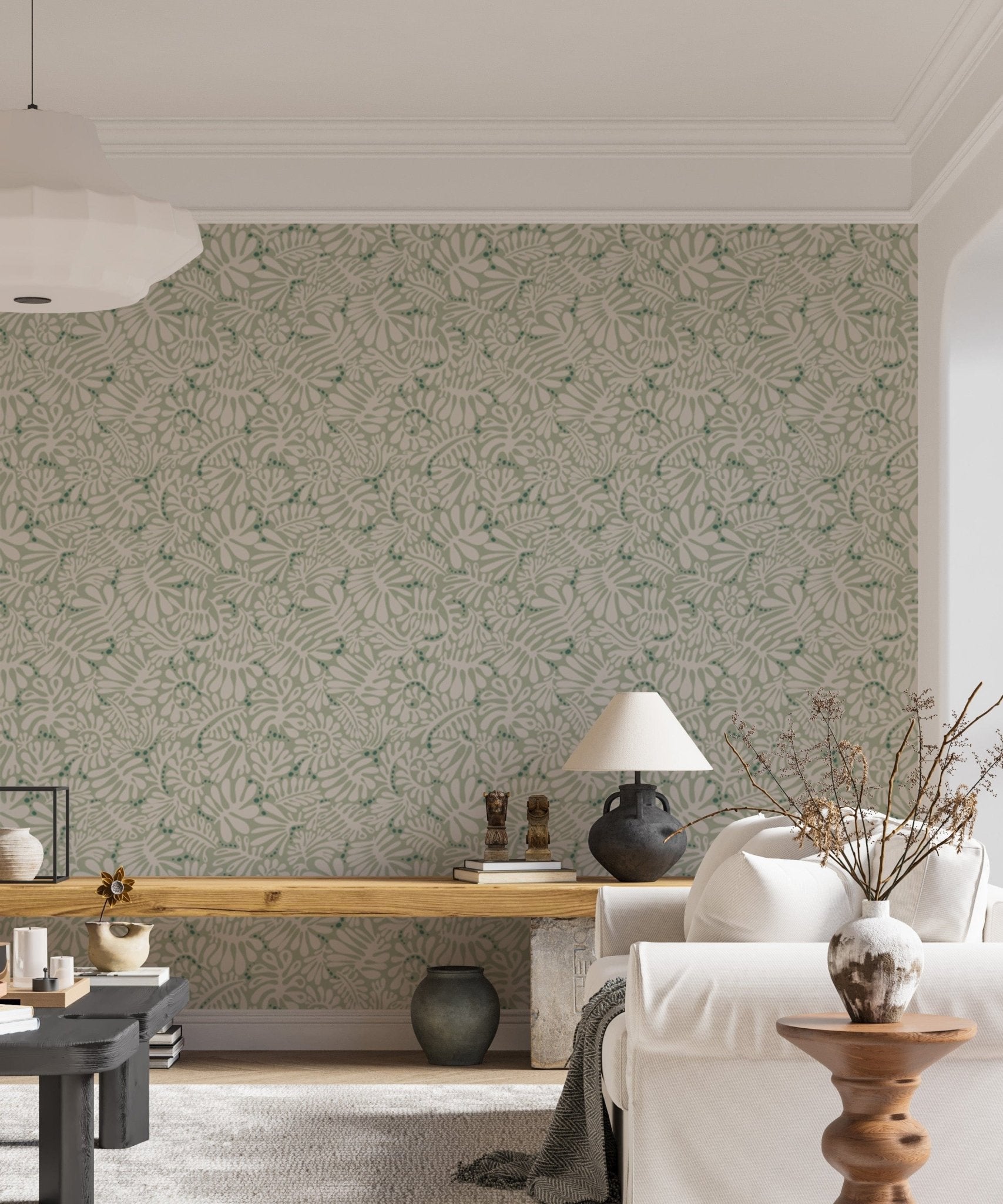 Stylish wallpaper with sage green Matisse leaves