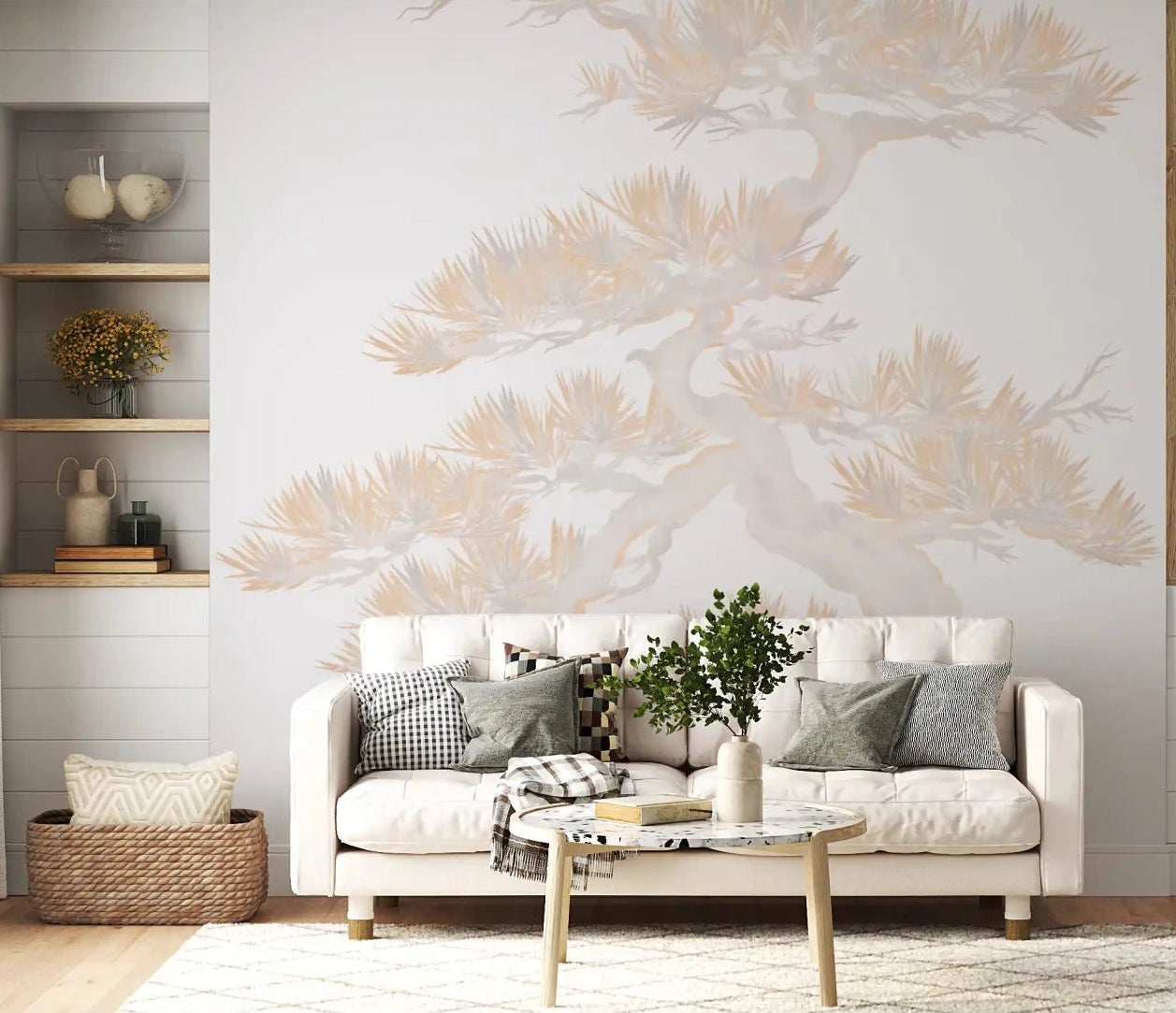 Living room framed by the pastel matsu pine wall mural at full height
GD9496