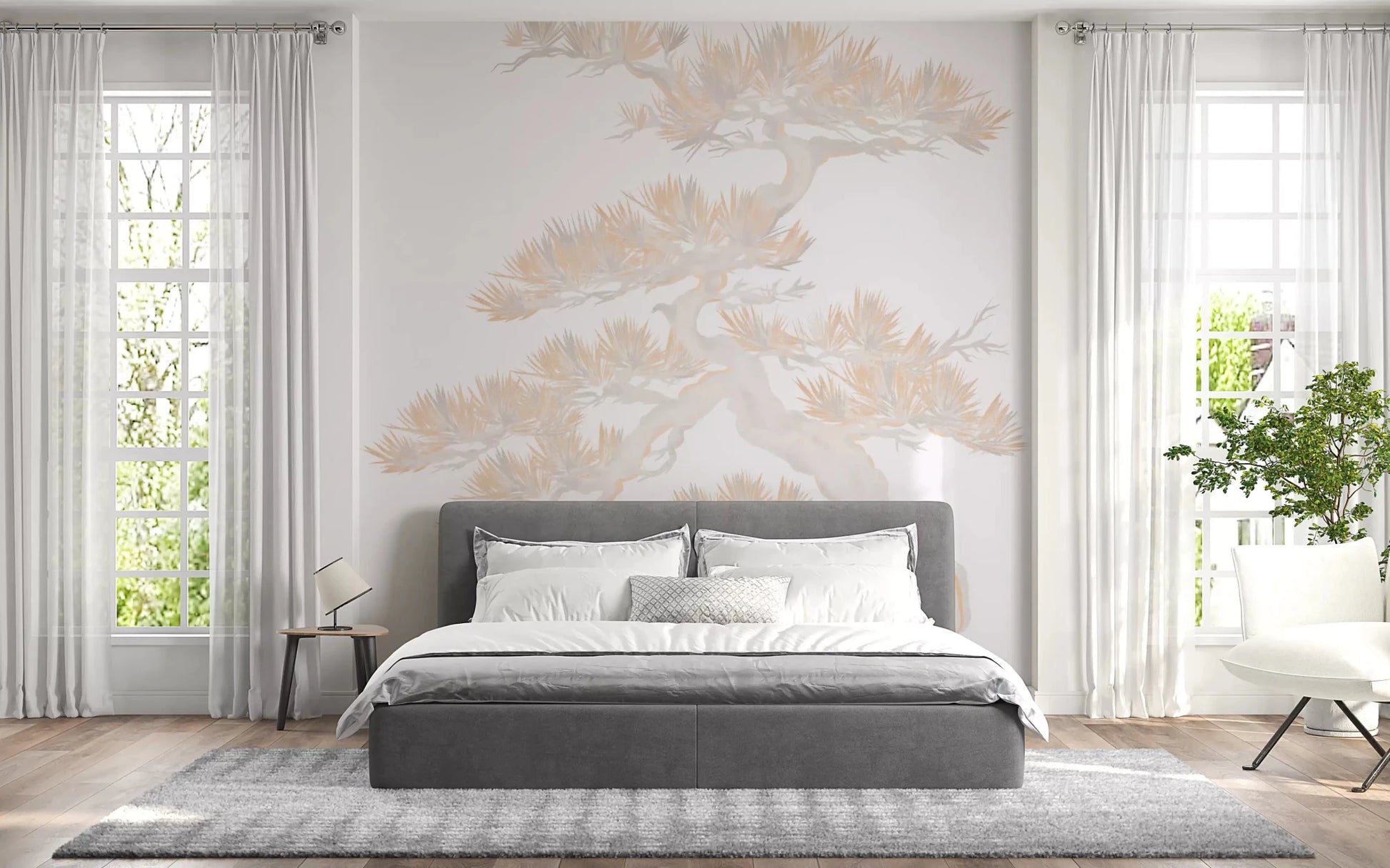 Spreading branches reach outward in soft layers across this matsu pine wall muralGD9496