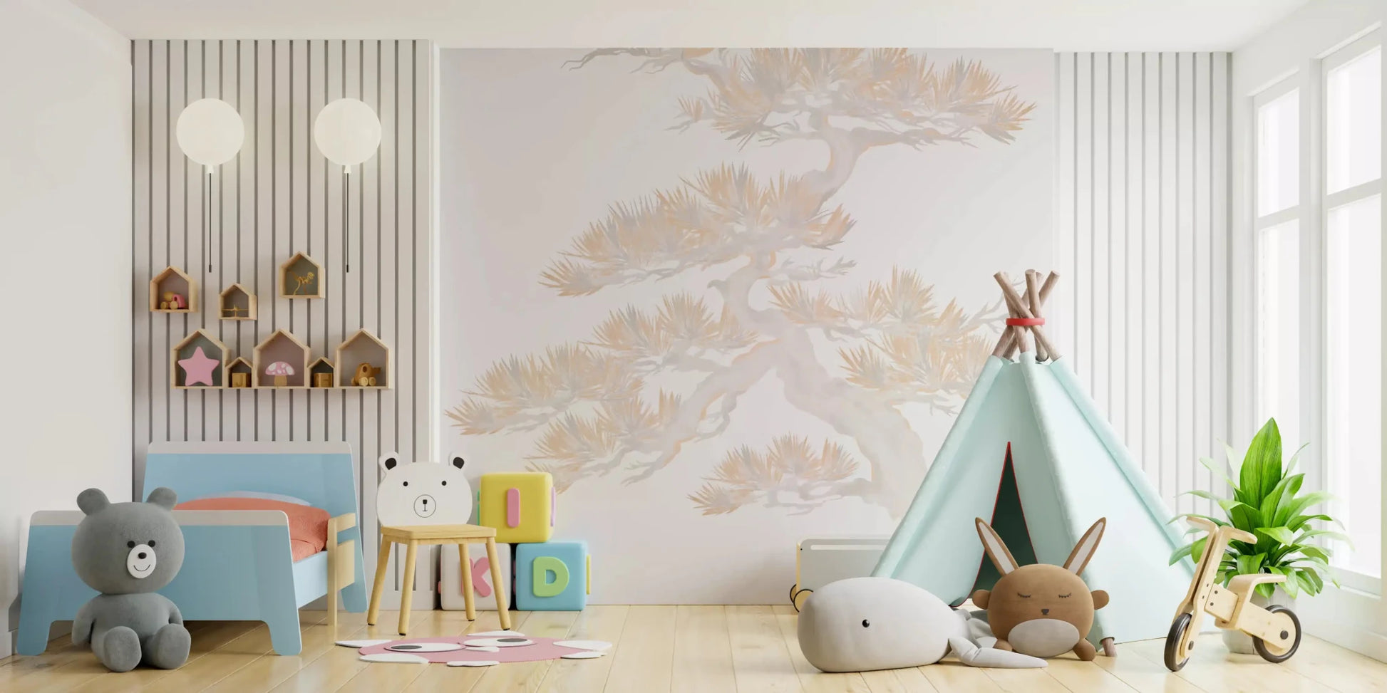 Slender twisted trunk curves upward through the Pastel Matsu Pine wall muralGD9496