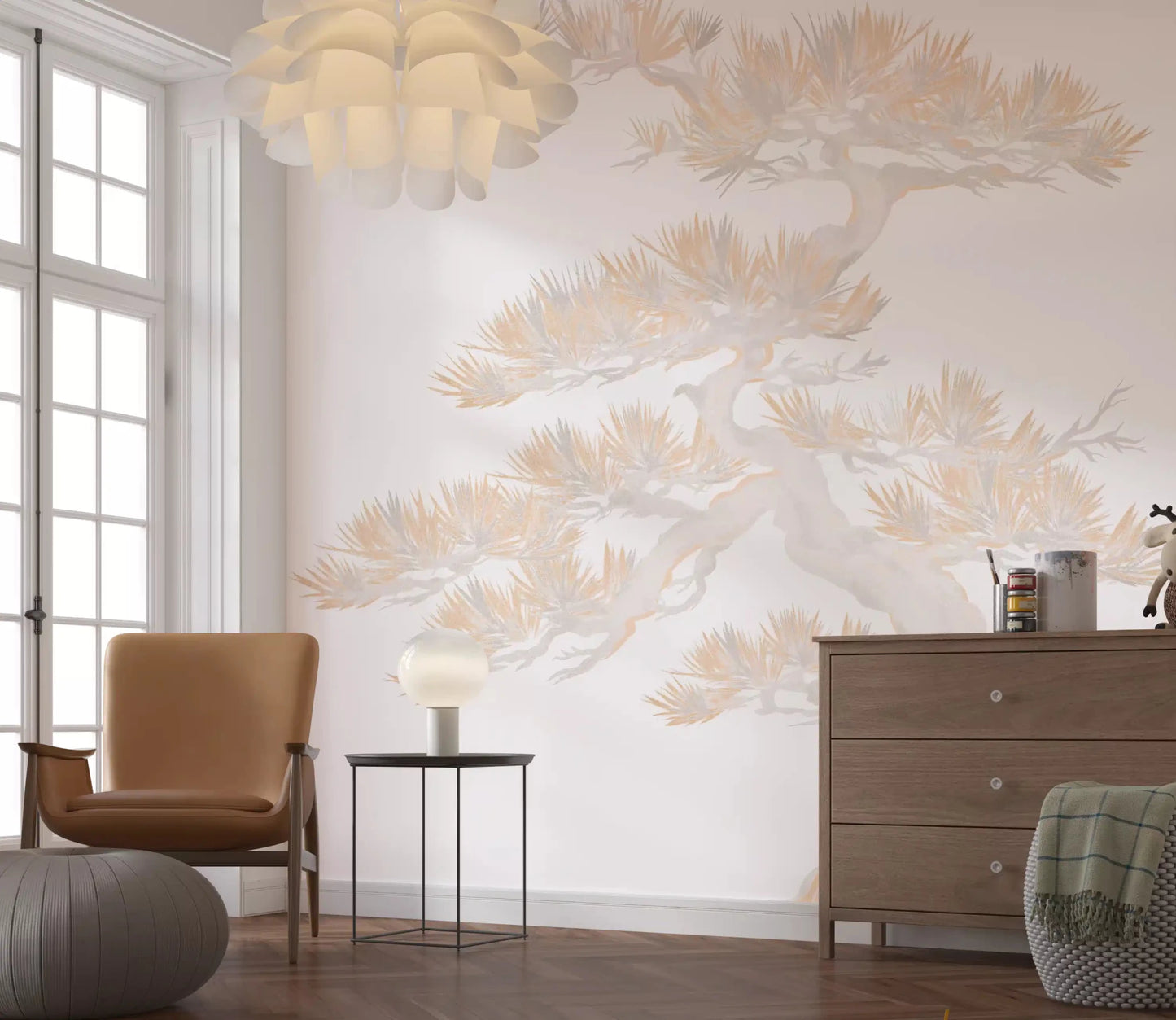 Lounge corner shows the Japanese pine pastel wall mural across one wall
lGD9496
