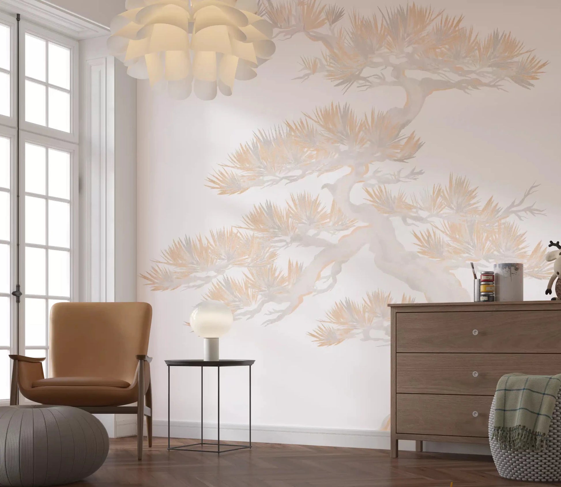 Lounge corner shows the Japanese pine pastel wall mural across one wall
lGD9496