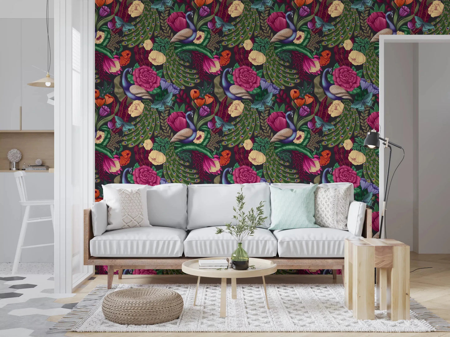 Bright hallway with Charcoal Black Peacock Fantasy Garden Wallpaper accents
