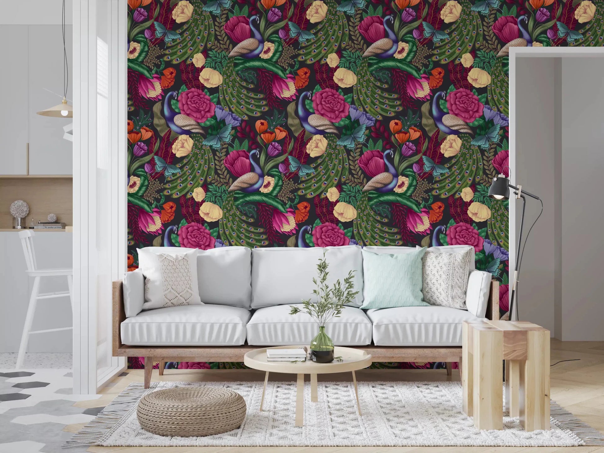 Bright hallway with Charcoal Black Peacock Fantasy Garden Wallpaper accents