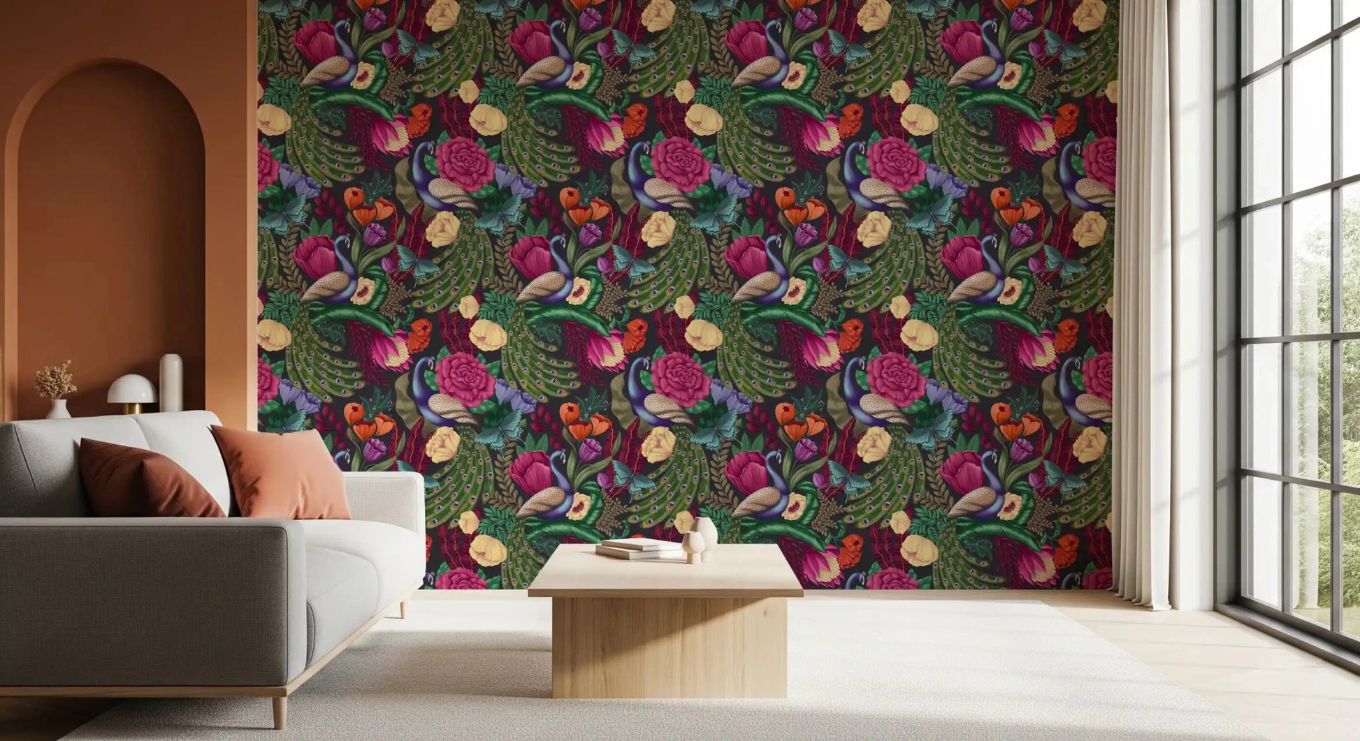 Living room  finished in Charcoal Black Peacock Fantasy Garden Wallpaper