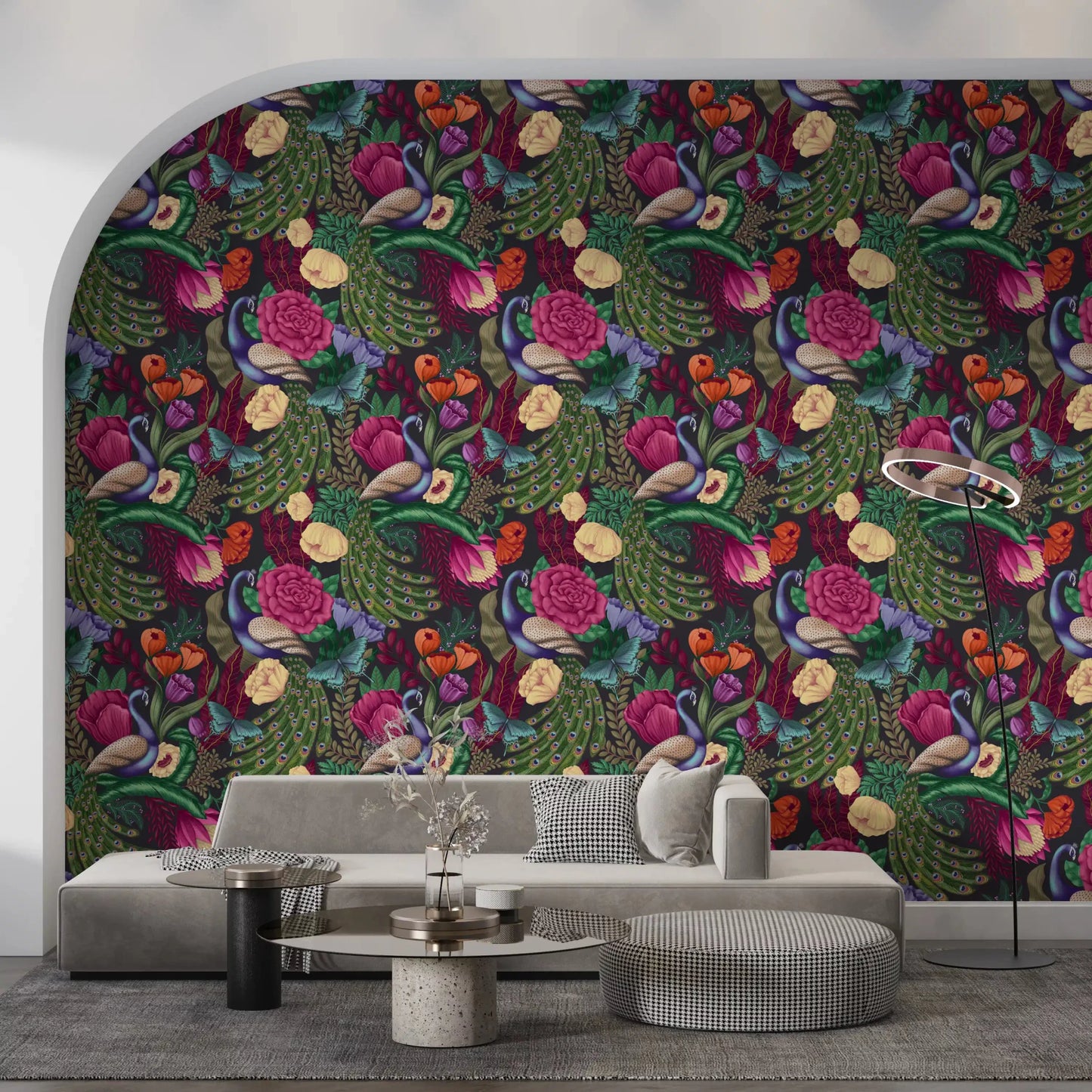 Curved sofa setting with Charcoal Black Peacock Fantasy Garden Wallpaper