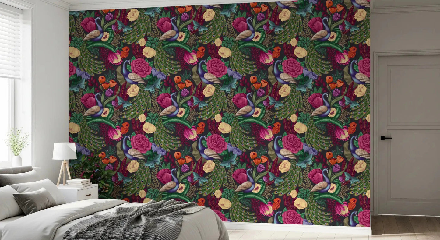 Bedroom  backdrop in Charcoal Black Peacock Fantasy Garden Wallpaper