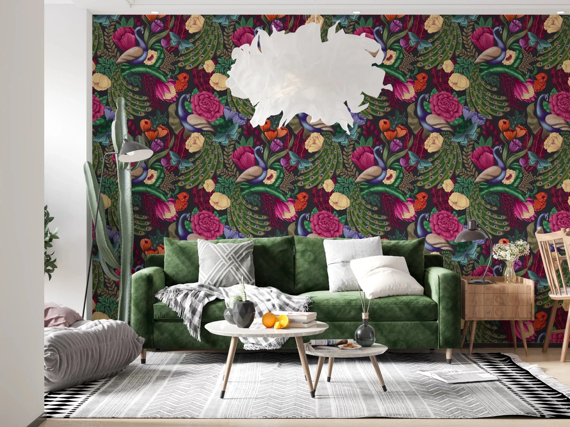 Living room corner paired with Charcoal Black Peacock Fantasy Garden Wallpaper