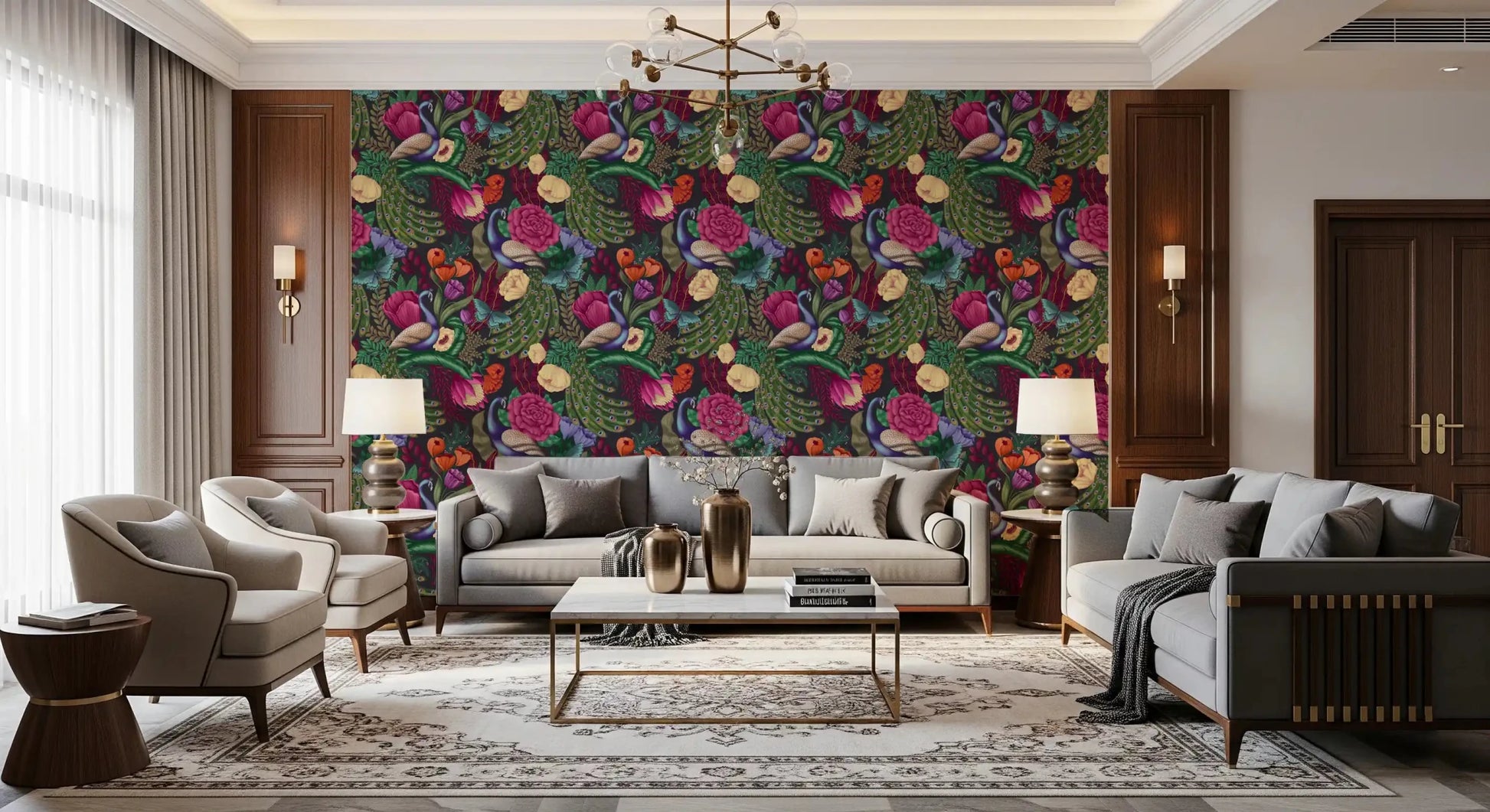 living room styled in Charcoal Black Peacock Fantasy Garden Wallpaper