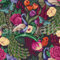 Maximalist Peacock Fantasy Garden Charcoal Black Wallpaper with peacocks and blooms