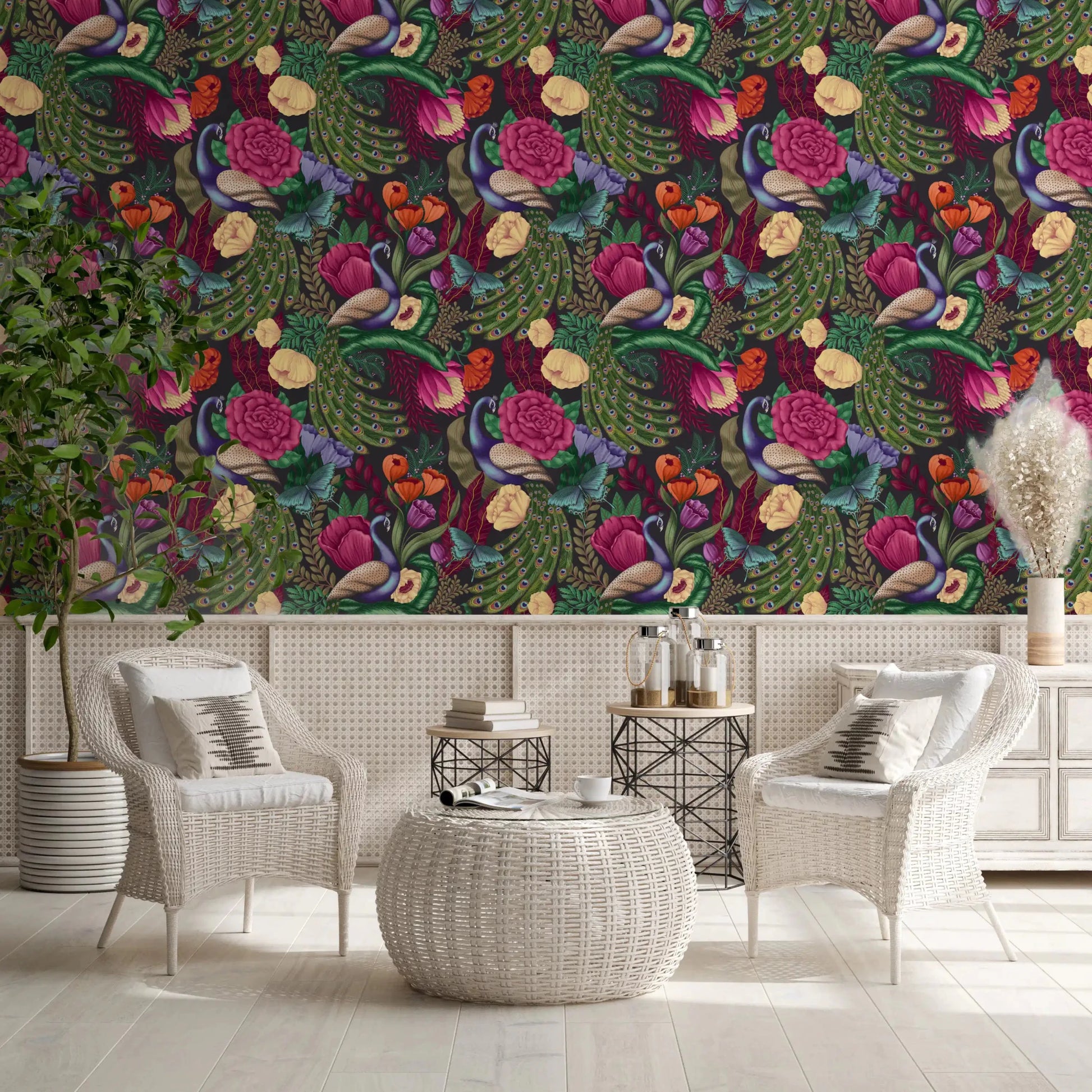 Cream lounge framed by Charcoal Black Peacock Fantasy Garden Wallpaper