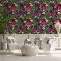 Cream lounge framed by Charcoal Black Peacock Fantasy Garden Wallpaper