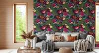 Warm neutral lounge with Charcoal Black Peacock Fantasy Garden Wallpaper