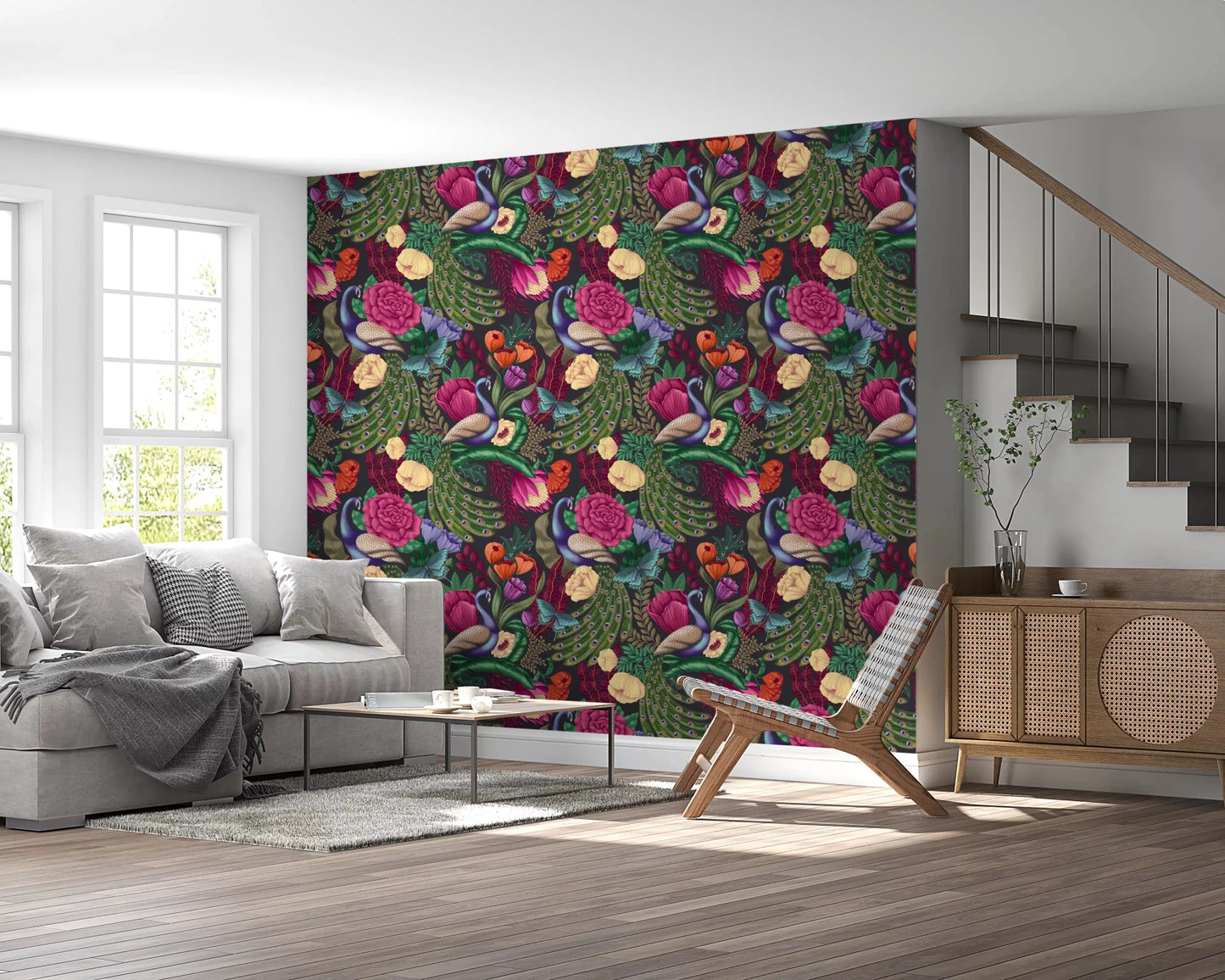 Sunlit loft room using Charcoal Black Peacock Fantasy Garden Wallpaper