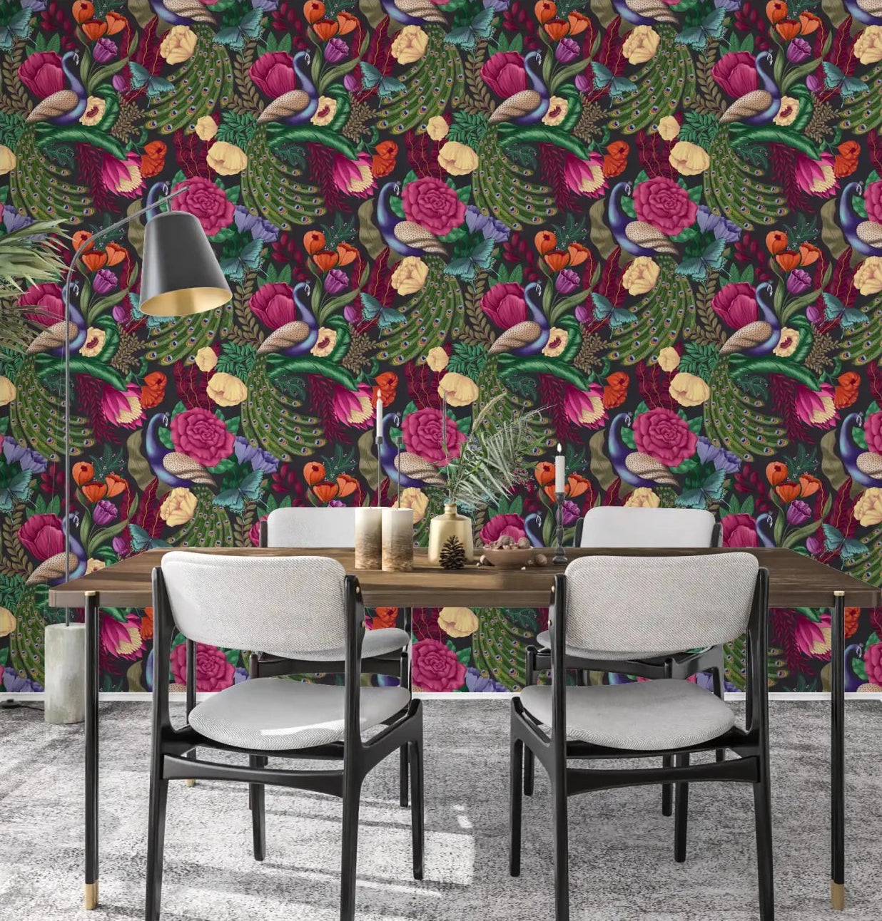 Charcoal Black Peacock Fantasy Garden Wallpaper behind a compact dining nook, GD8936