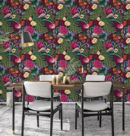 Charcoal Black Peacock Fantasy Garden Wallpaper behind a compact dining nook