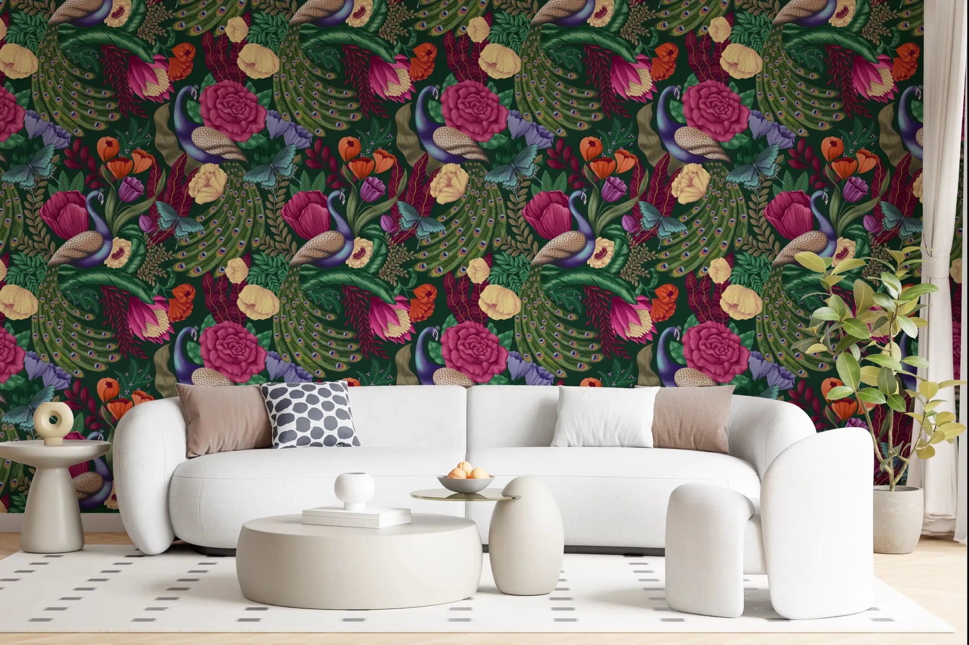 Dark Green Peacock Fantasy Garden Wallpaper in a bright cream lounge, GD8937