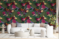 Dark Green Peacock Fantasy Garden Wallpaper in a bright cream lounge, GD8937
