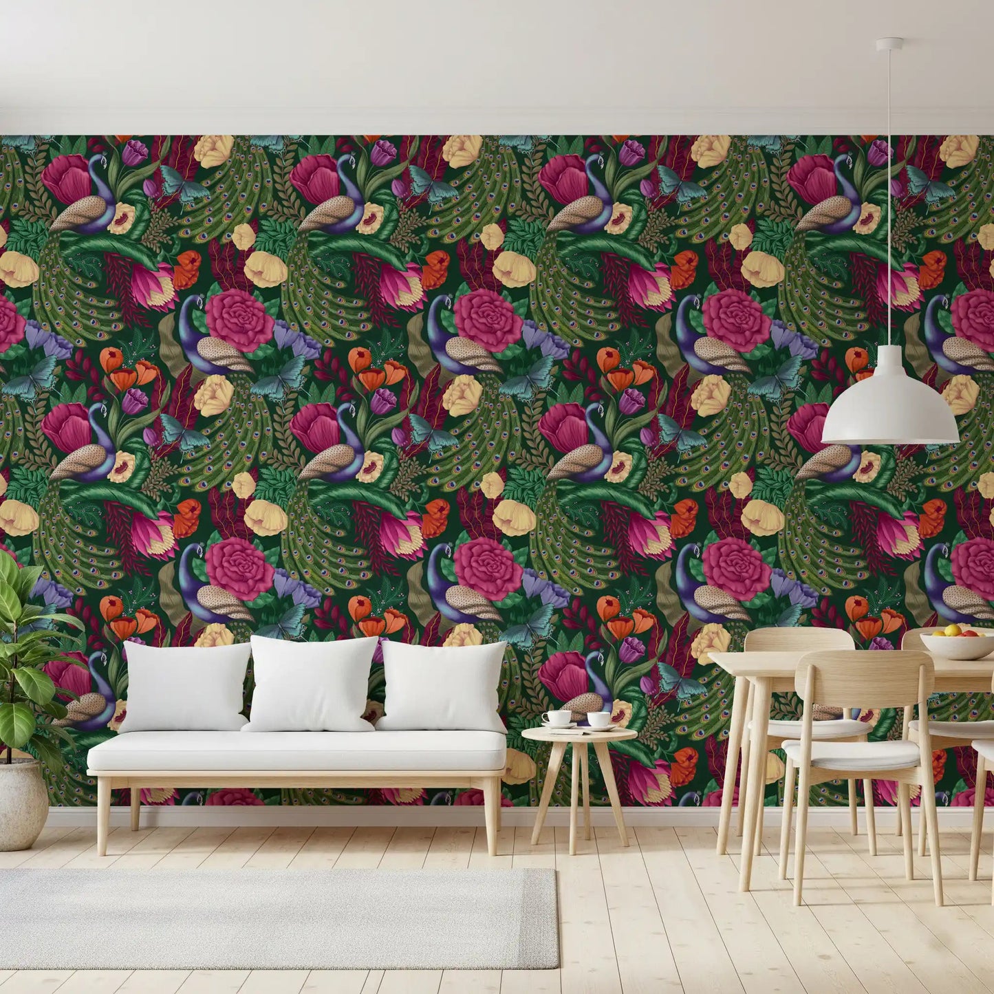 Bright Dining area wrapped in Dark Green Peacock Fantasy Garden Wallpaper, GD8937