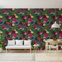 Bright Dining area wrapped in Dark Green Peacock Fantasy Garden Wallpaper, GD8937