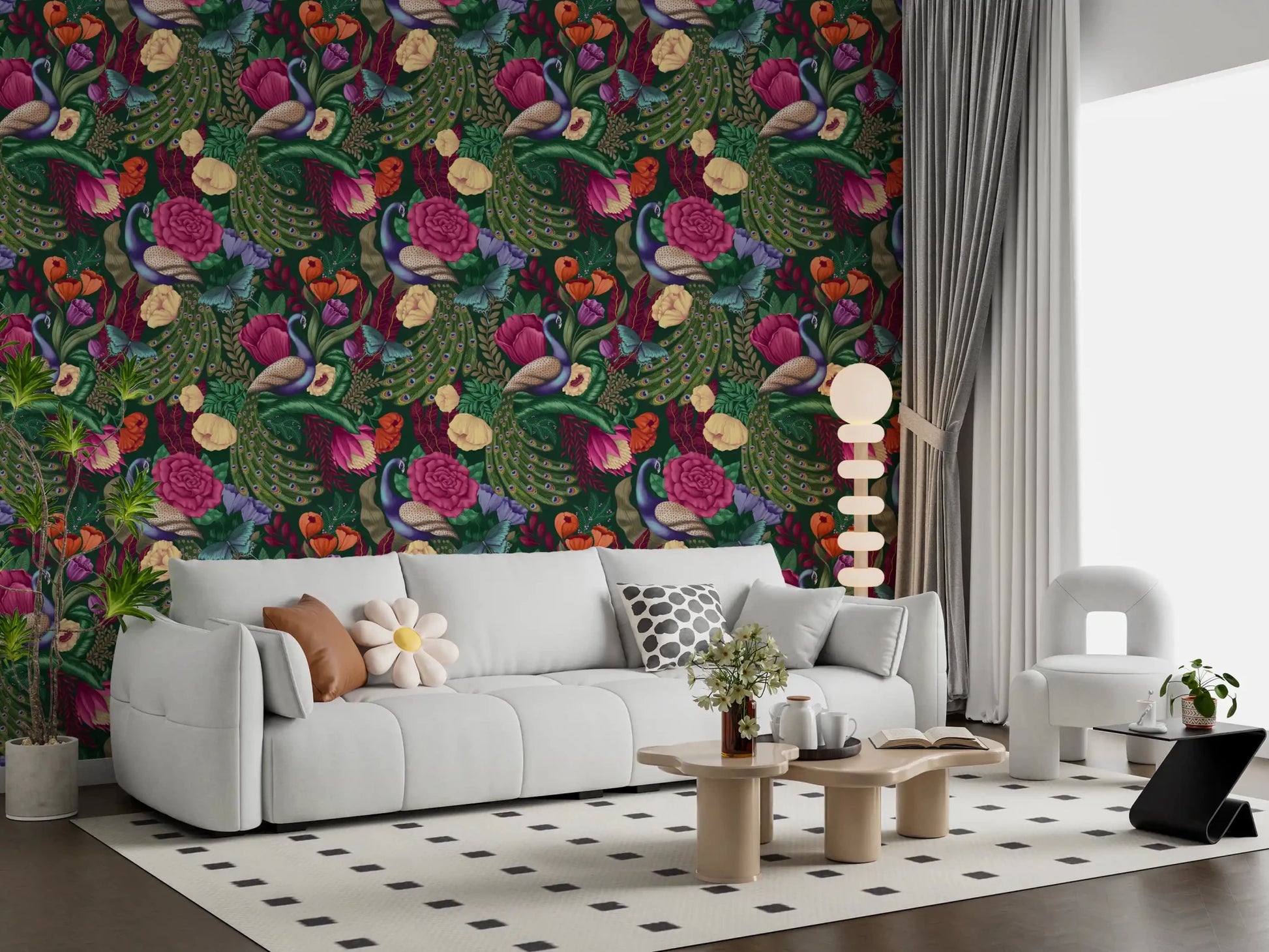 Cozy Living corner styled with Dark Green Peacock Fantasy Garden Wallpaper, GD8937