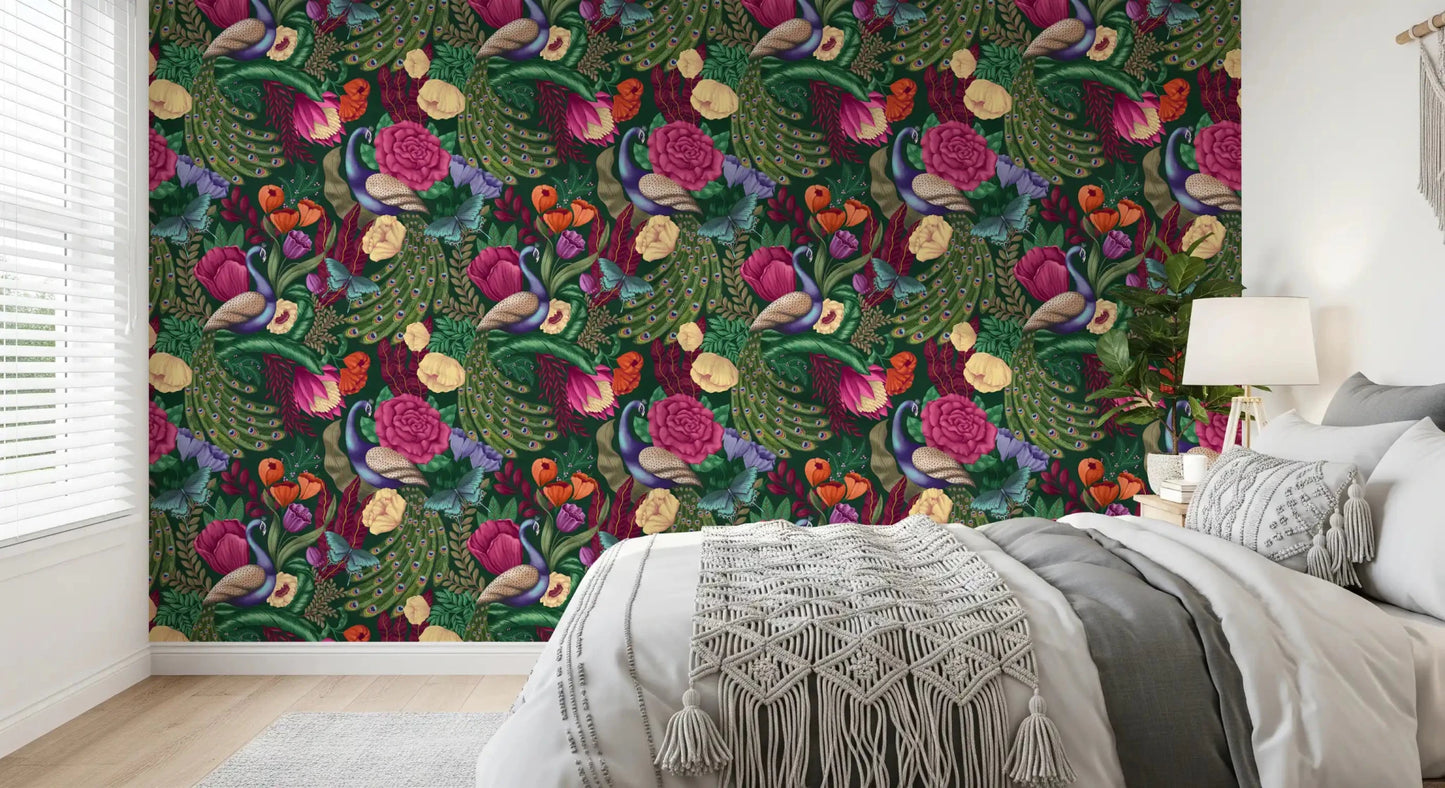 Calm bed setting framed by Dark Green Peacock Fantasy Garden Wallpaper, GD8937