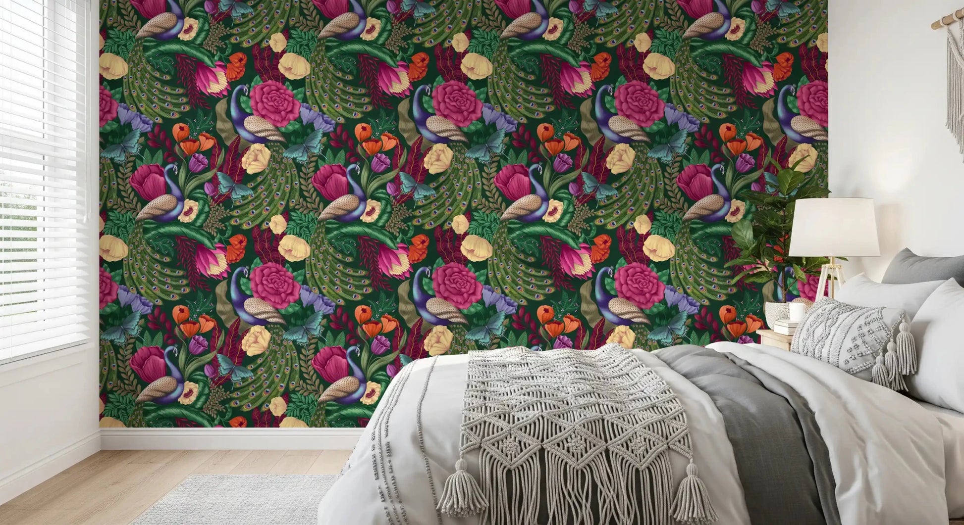 Calm bed setting framed by Dark Green Peacock Fantasy Garden Wallpaper, GD8937