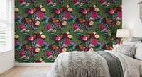Calm bed setting framed by Dark Green Peacock Fantasy Garden Wallpaper, GD8937