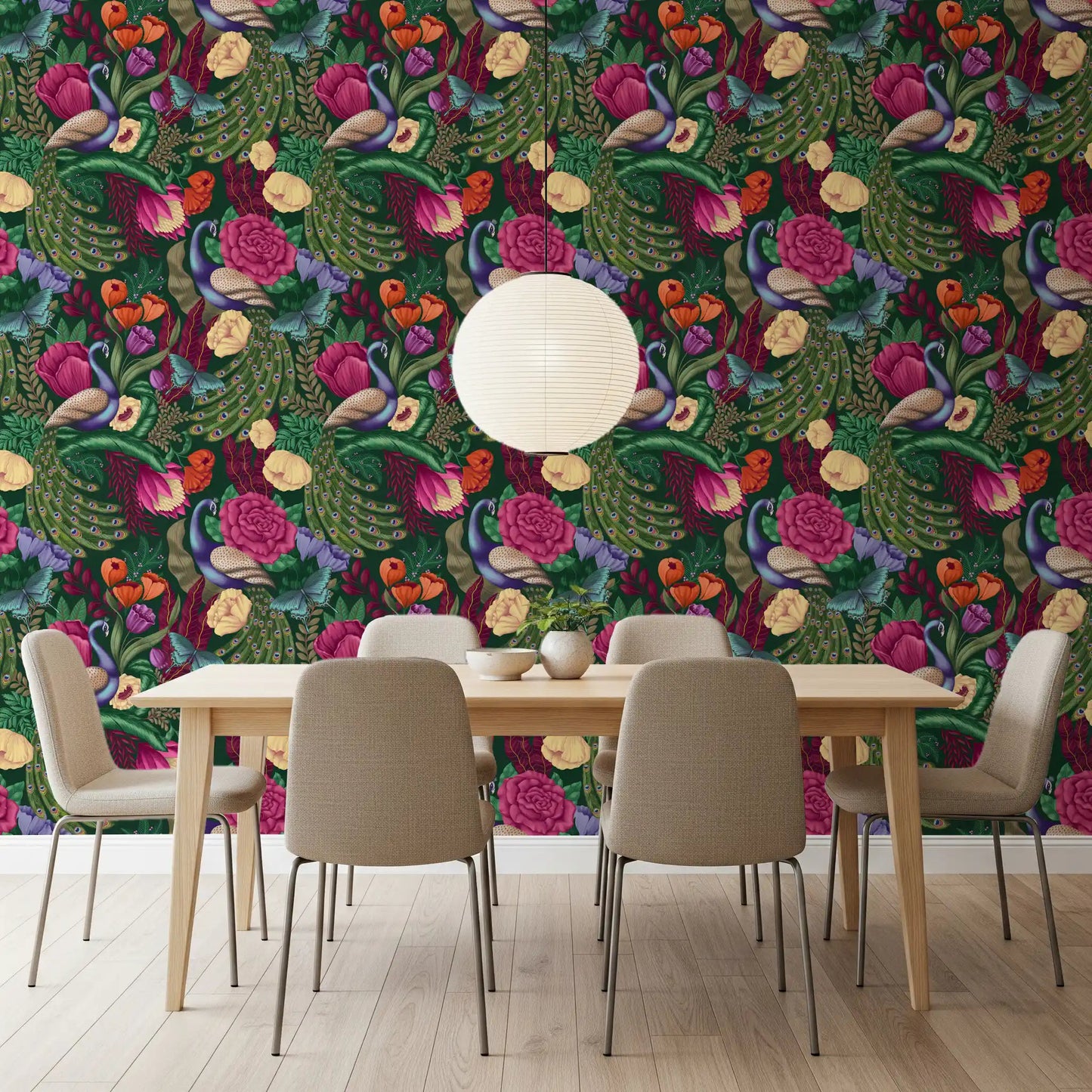 Dining space paired with Dark Green Peacock Fantasy Garden Wallpaper, GD8937