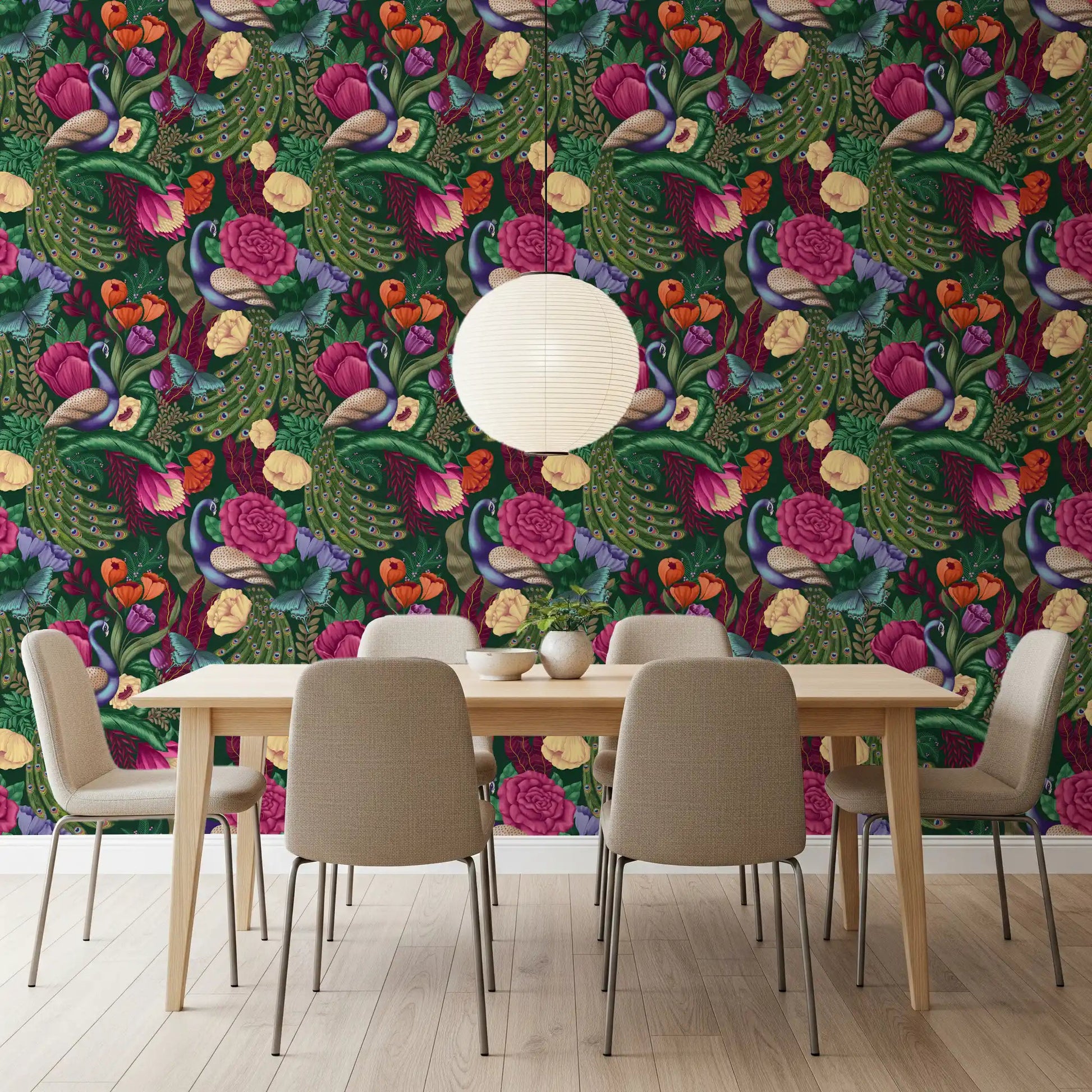 Dining space paired with Dark Green Peacock Fantasy Garden Wallpaper, GD8937