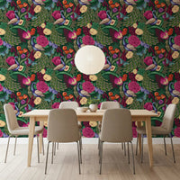 Dining space paired with Dark Green Peacock Fantasy Garden Wallpaper, GD8937