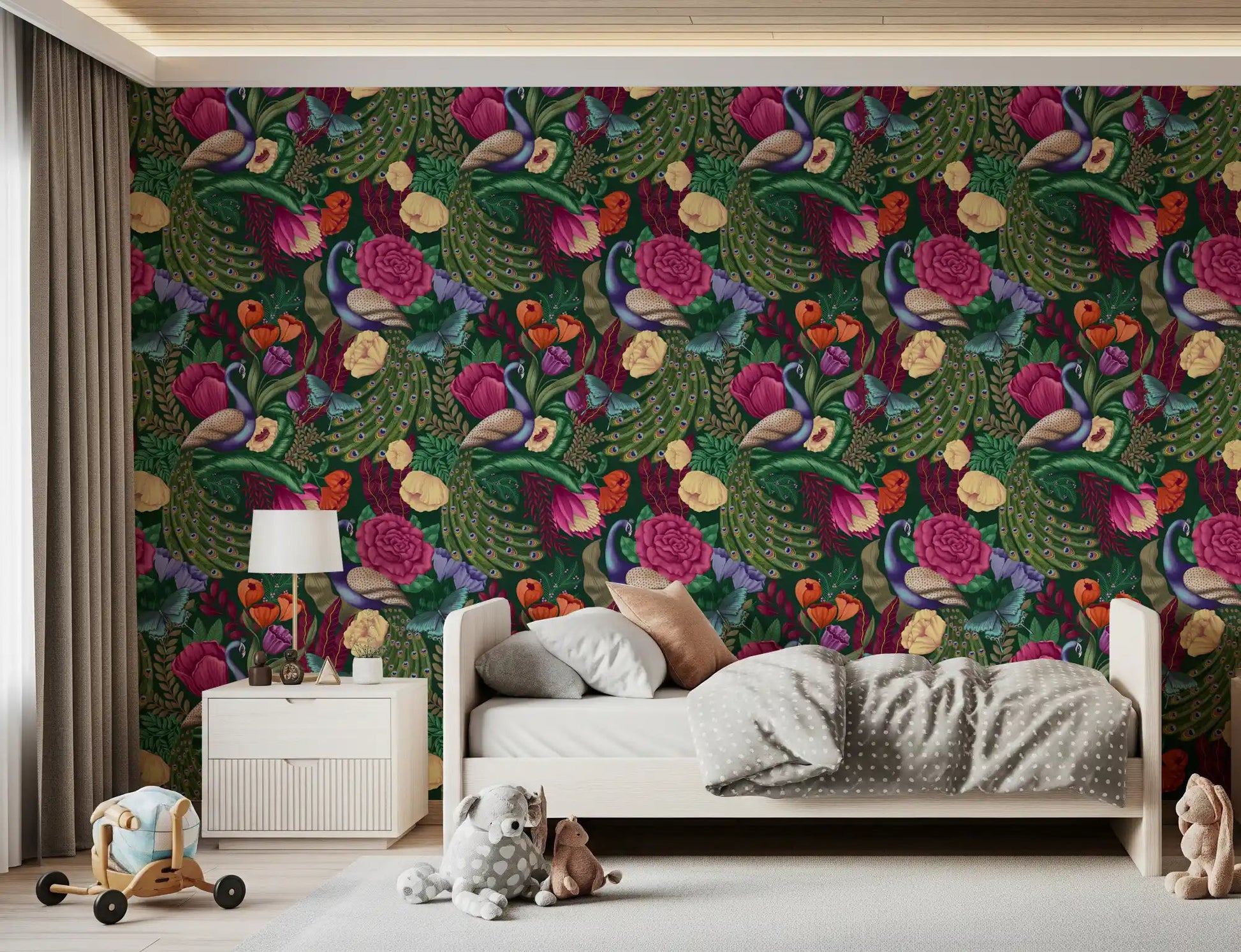 Restful bedroom scene with Dark Green Peacock Fantasy Garden Wallpaper, GD8937